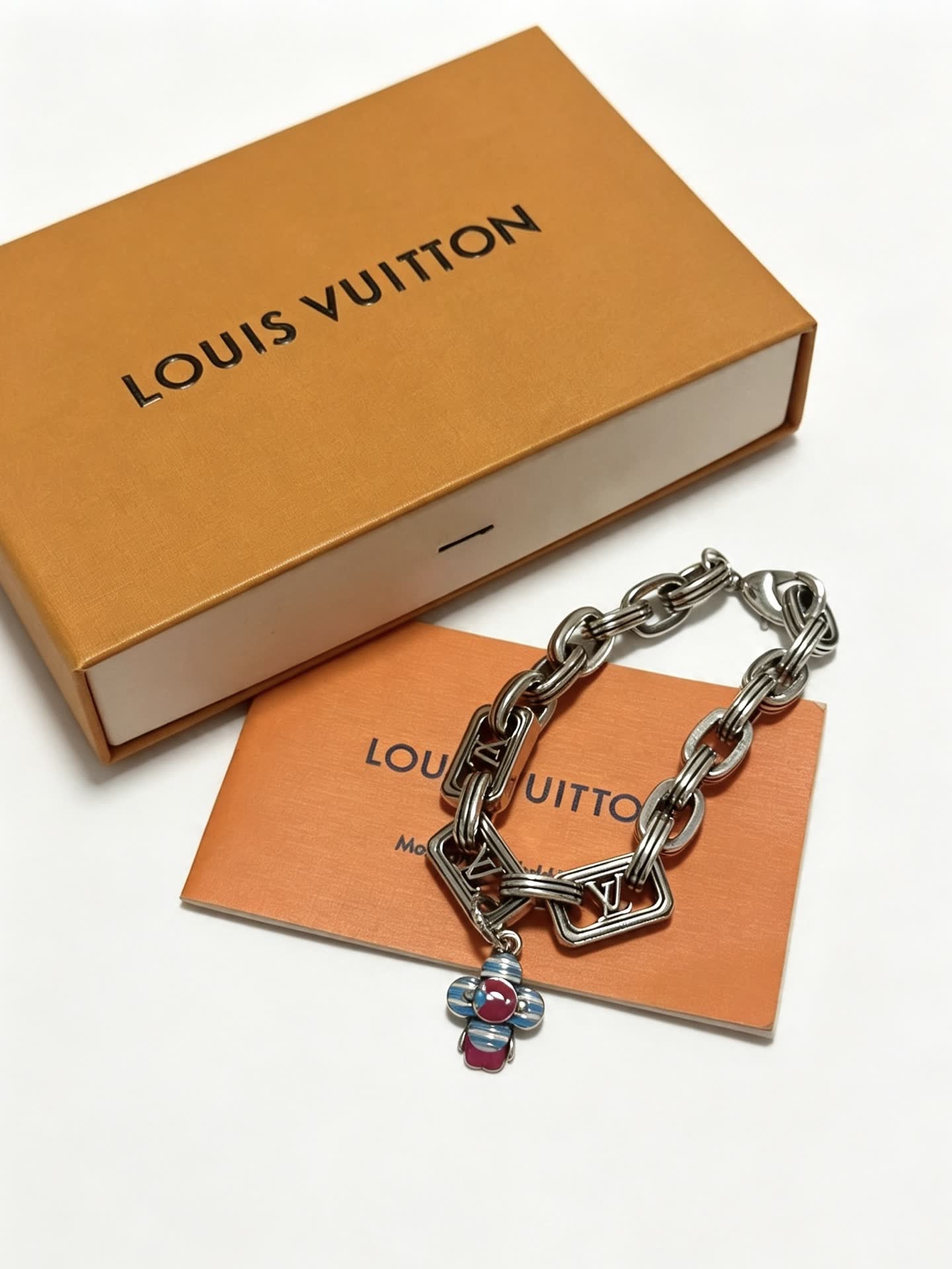 Louis Vuitton Silver Tone Bracelet with Monogram Charm